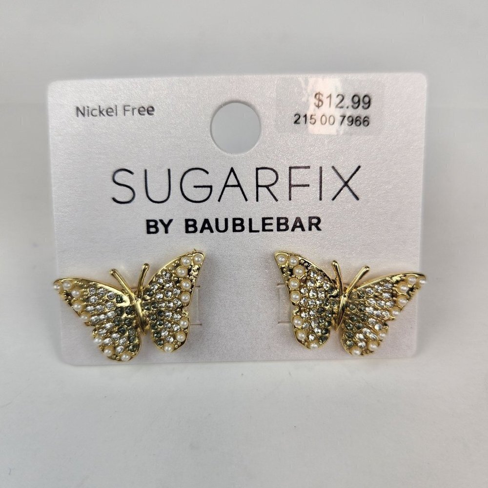 SUGARFIX By BaubleBar Butterfly Earrings Inlaid Crystals Pearls‎ Gold Tone